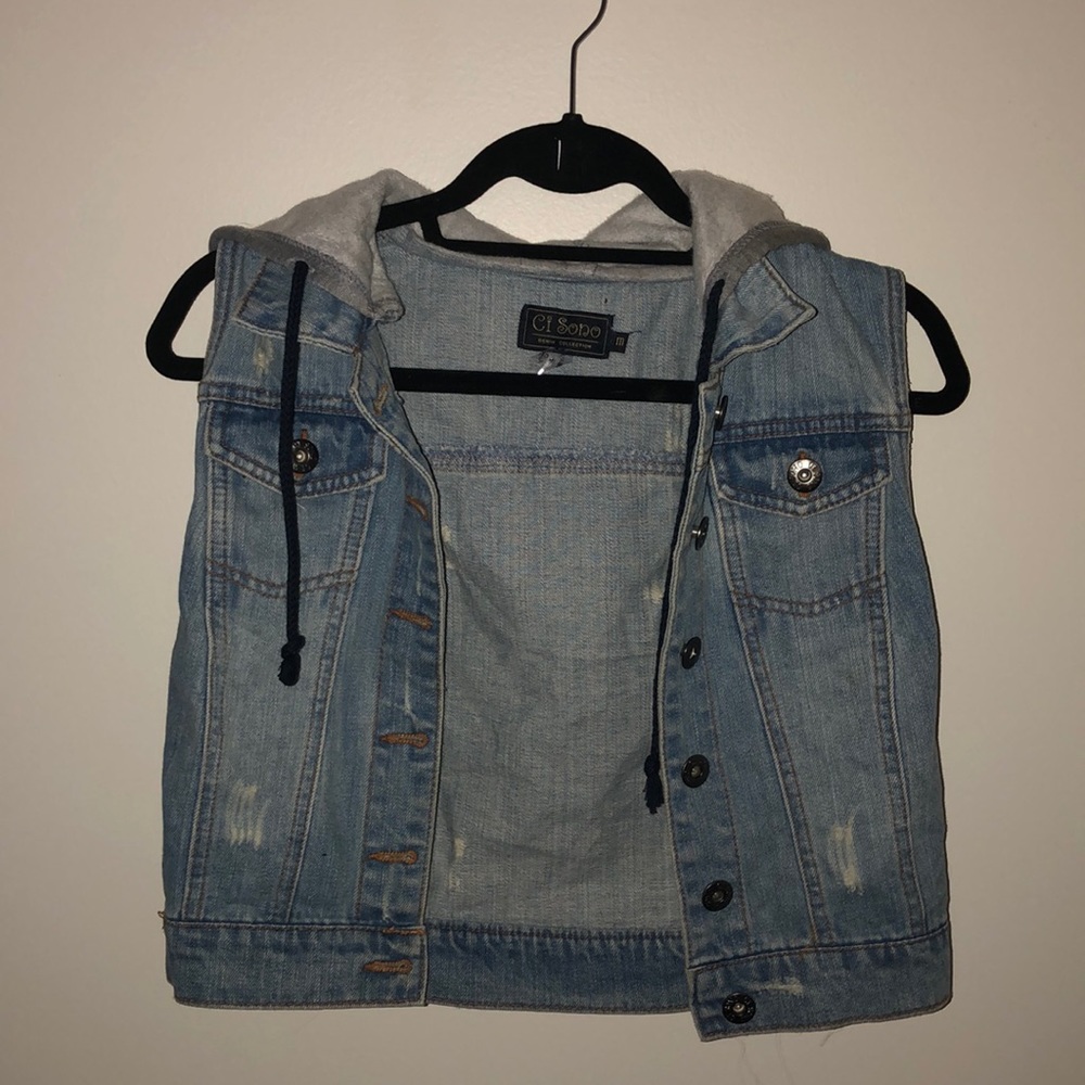 Cropped jean vest with sweatshirt hood